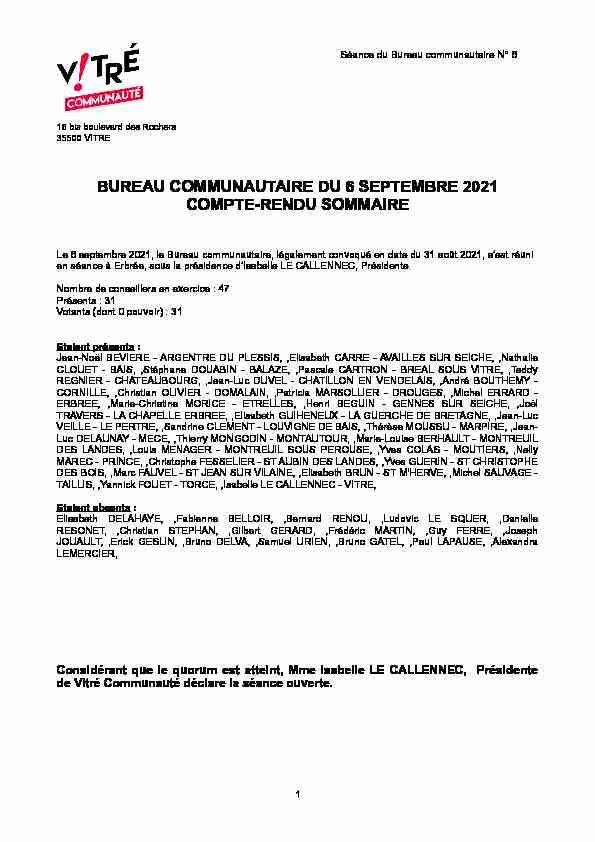 BUREAU COMMUNAUTAIRE DU 6 SEPTEMBRE 2021 COMPTE