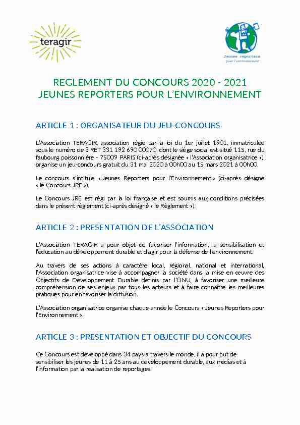 REGLEMENT DU CONCOURS 2020 - 2021 JEUNES REPORTERS