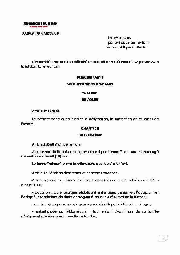ASSEMBLEE NATIONALE Loi n° 2015-08 portant code de lenfant