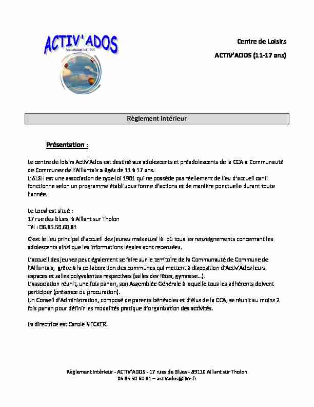 [PDF] Centre de Loisirs ACTIVADOS (11-17 ans) Règlement intérieur