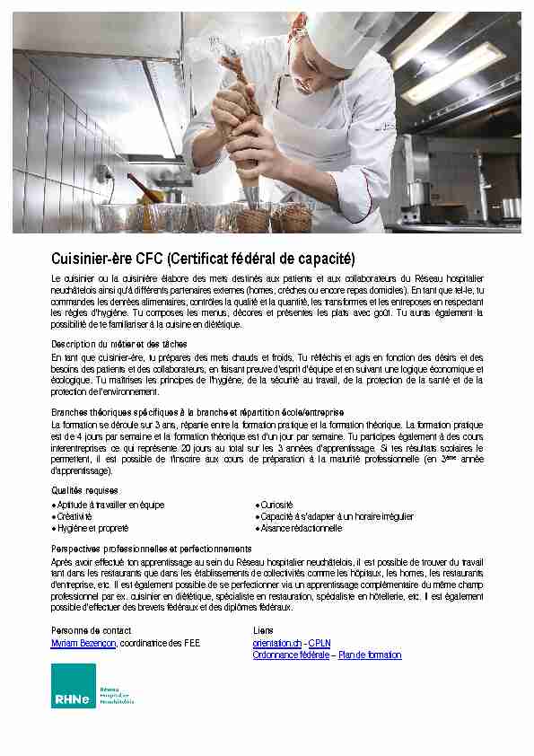 Cuisinier-ère CFC (Certificat fédéral de capacité)