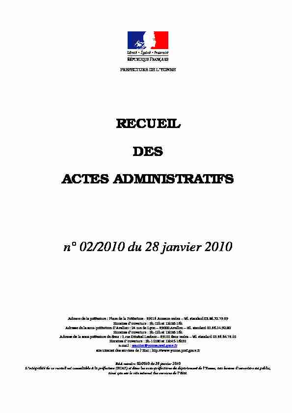 RECUEIL DES ACTES ADMINISTRATIFS n° 02/2010 du 28 janvier