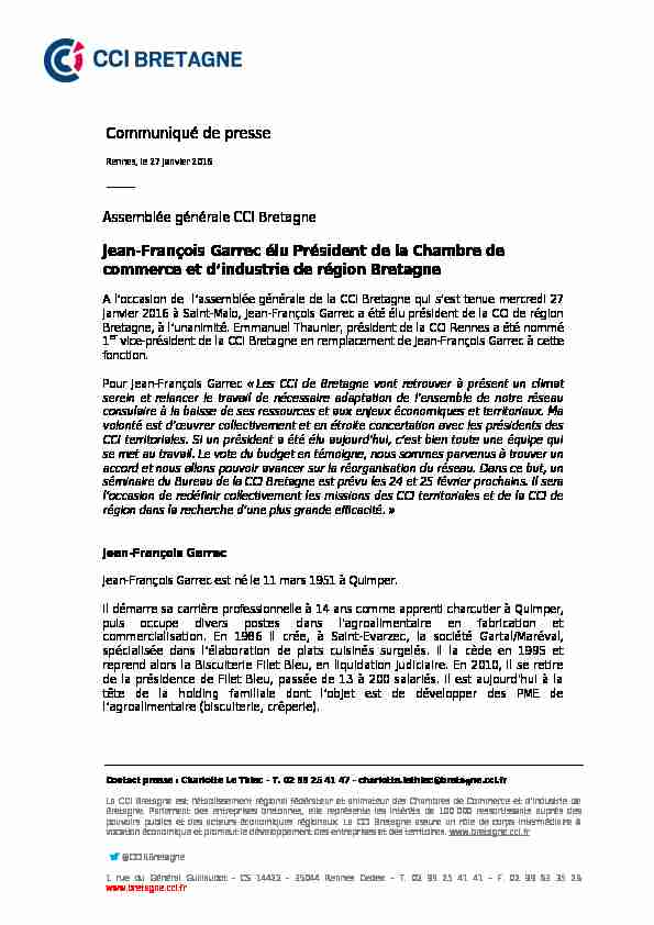 Communiqué de presse Jean-François Garrec élu Président de la