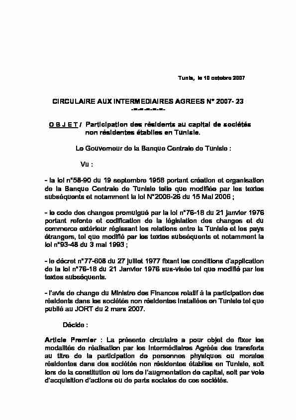 [PDF] CIRCULAIRE AUX INTERMEDIAIRES AGREES N° 2007- 23 - BCT