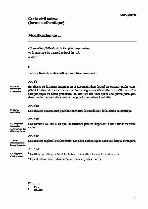 Code civil suisse (forme authentique) - Avant-projet