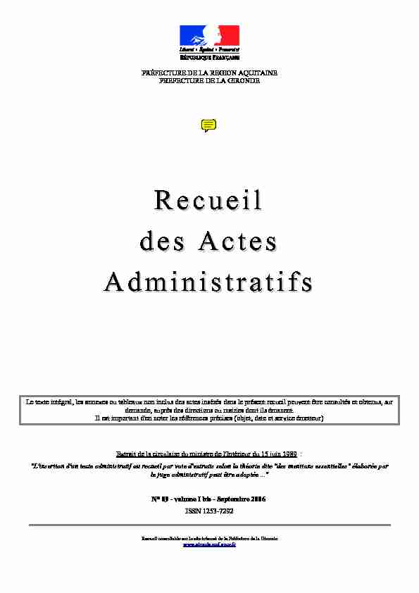 Recueil des Actes Administratifs - Préfecture de la Gironde