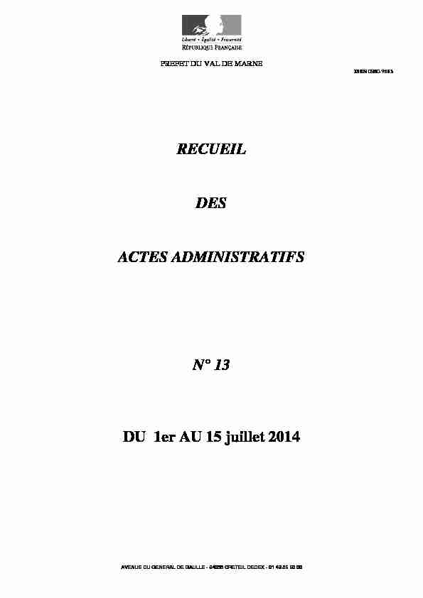 RECUEIL DES ACTES ADMINISTRATIFS N° 13 DU 1er AU 15 juillet