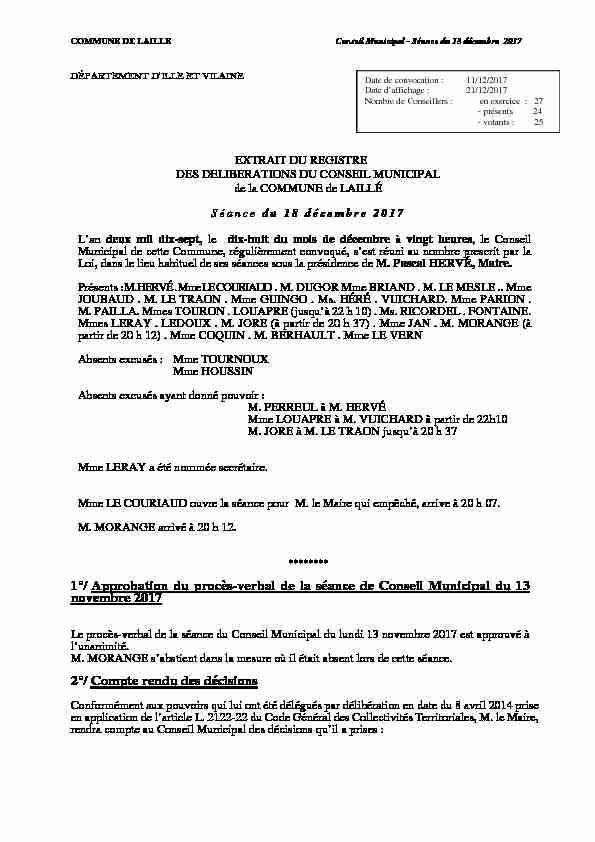 1°/ Approbation du procès-verbal de la séance de Conseil Municipal