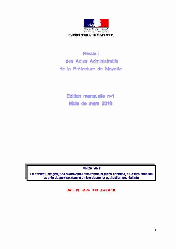 Recueil des Actes Administratifs de la Préfecture de Mayotte