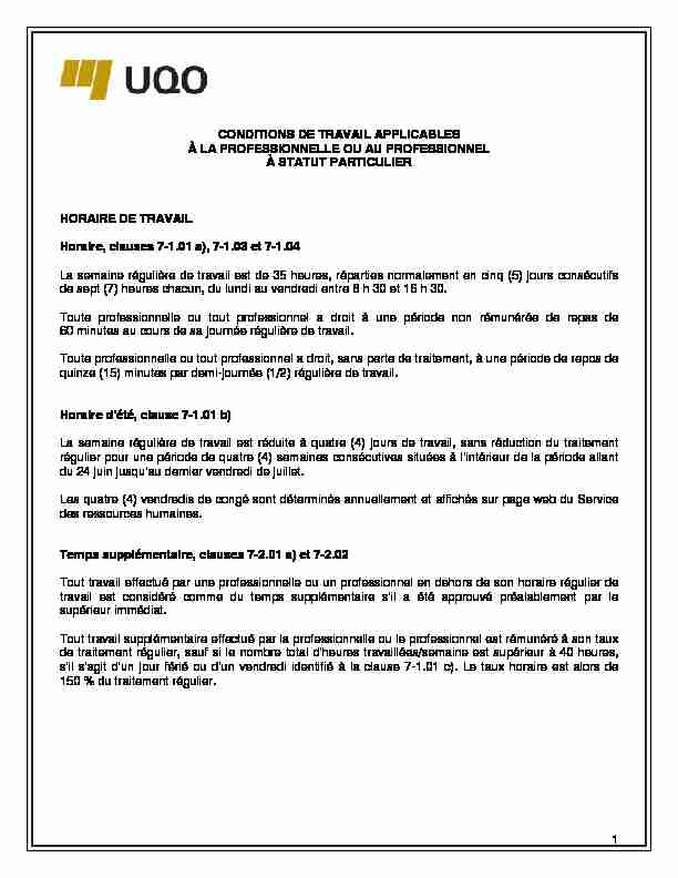 [PDF] CONDITIONS DE TRAVAIL APPLICABLES À LA  - UQO