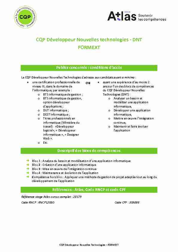 [PDF] CQP Développeur Nouvelles technologies - DNT FORMEXT
