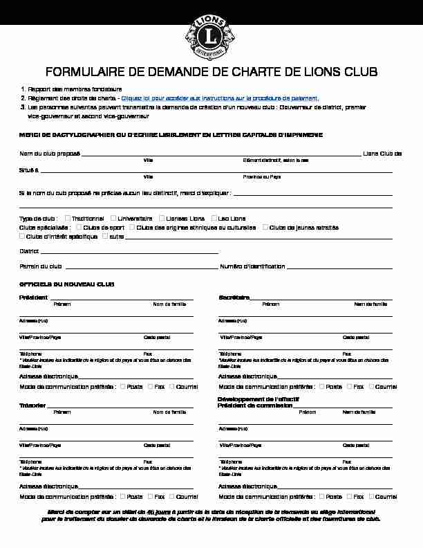 FORMULAIRE DE DEMANDE DE CHARTE DE LIONS CLUB