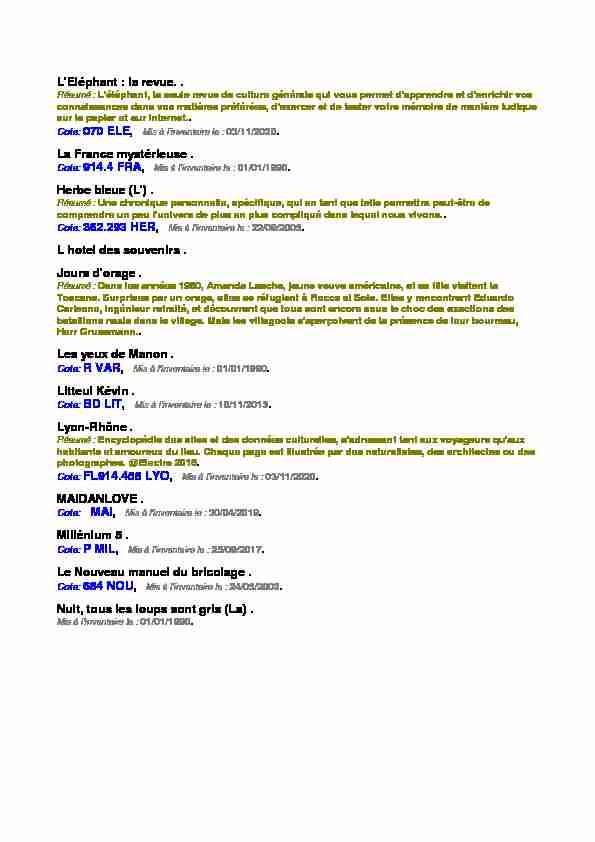 LEléphant : la revue. . La France mystérieuse . Herbe bleue (L) . L