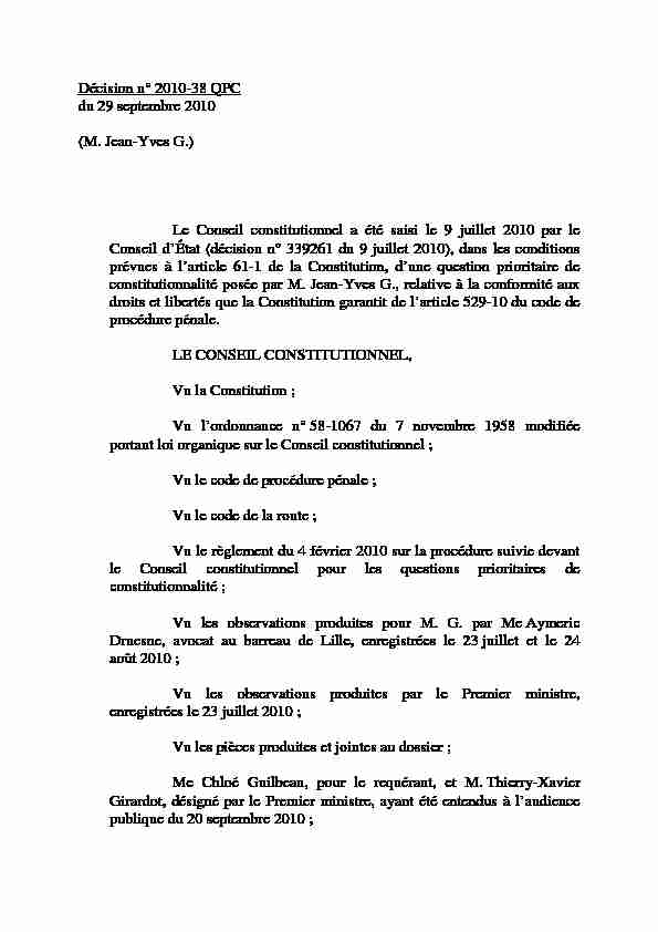 Décision n° 2010 -38 QPC (M Jean-Yves G)