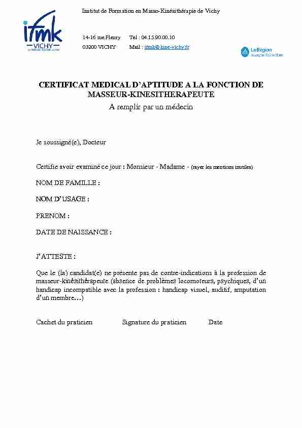 CERTIFICAT MEDICAL DAPTITUDE A LA FONCTION DE