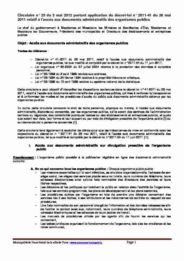 Circulaire n° 25 du 5 mai 2012 portant application du décret-loi n