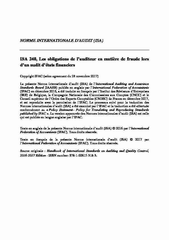 Norme internationale daudit (ISA) ISA 240 Les obligations de l