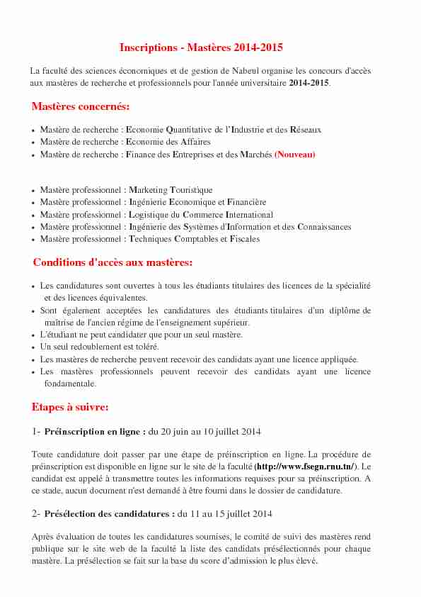 Inscriptions - Mastères 2014-2015 Mastères concernés: Conditions