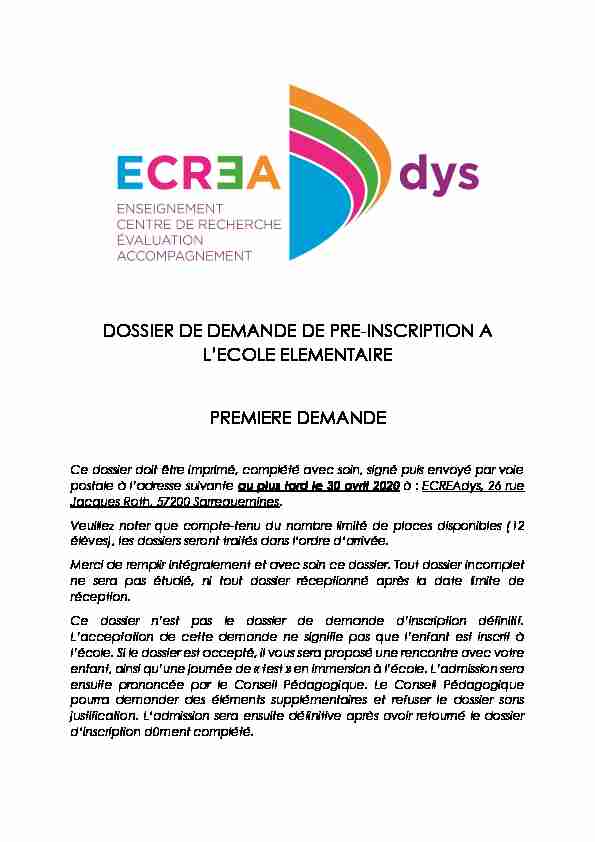 [PDF] DOSSIER DE DEMANDE DE PRE-INSCRIPTION A L  - eCREAdys