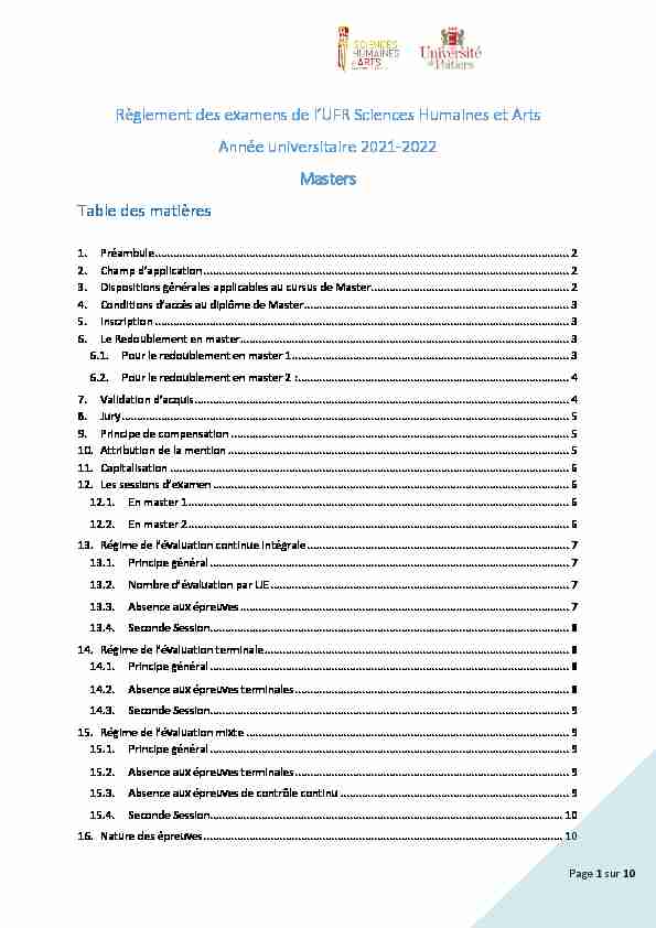 Règlement Examen Masters SHA 2021-2022