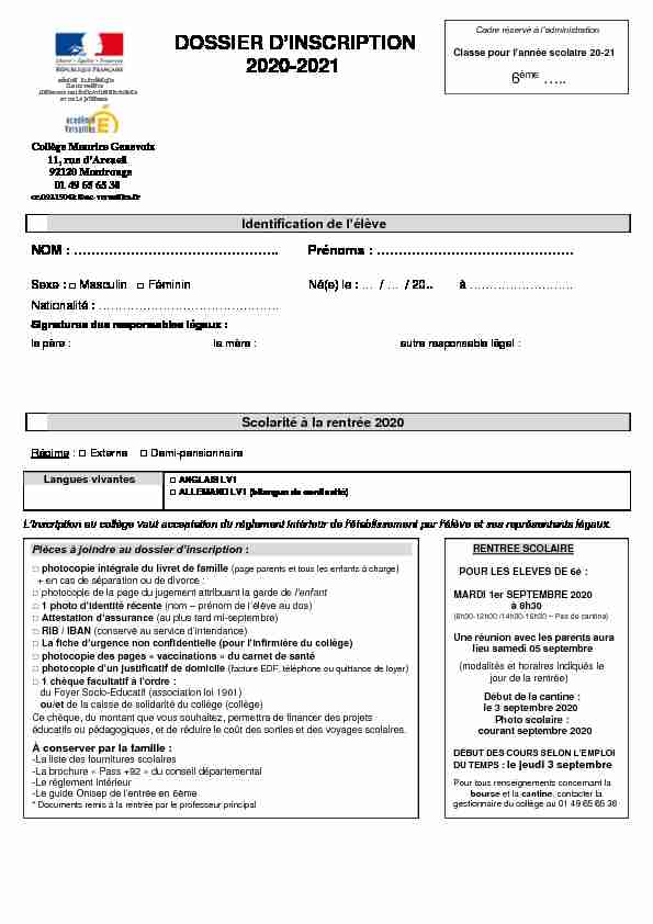 DOSSIER D INSCRIPTION 2020-2021 6 - Collège Maurice Genevoix