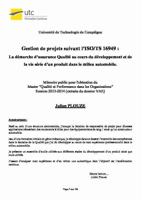 [PDF] Gestion de projets suivant lISO/TS 16949 : - UTC Compiègne