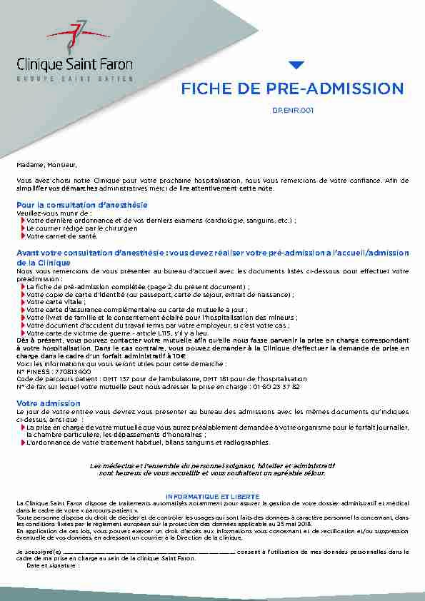 [PDF] FICHE DE PRE-ADMISSION - Clinique Saint-Faron