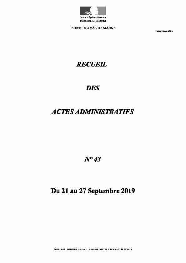 RECUEIL DES ACTES ADMINISTRATIFS N° 43 Du 21 au 27