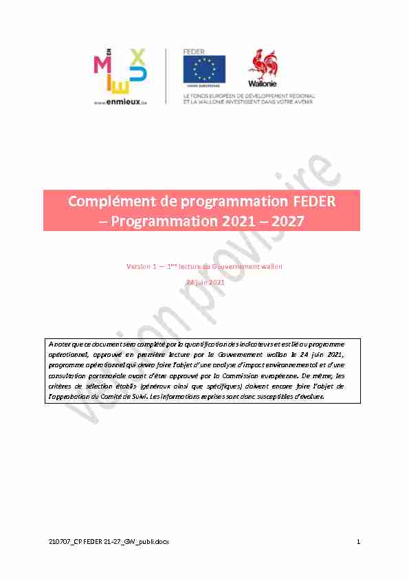 Complément de programmation FEDER – Programmation 2021