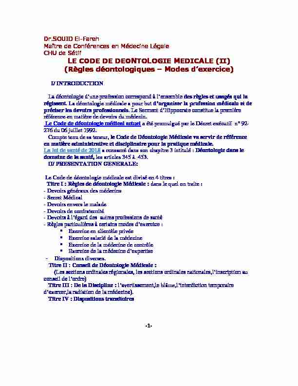 LE CODE DE DEONTOLOGIE MEDICALE - Université de Sétif