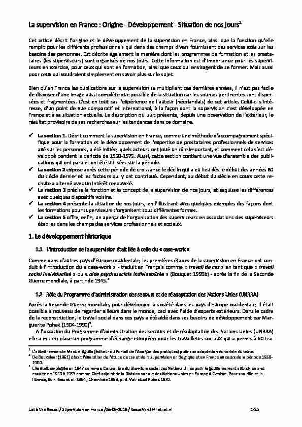 La supervision en France : Origine - Développement - Situation de