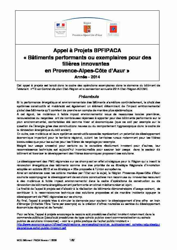 Appel à Projets BPFIPACA « Bâtiments performants ou exemplaires
