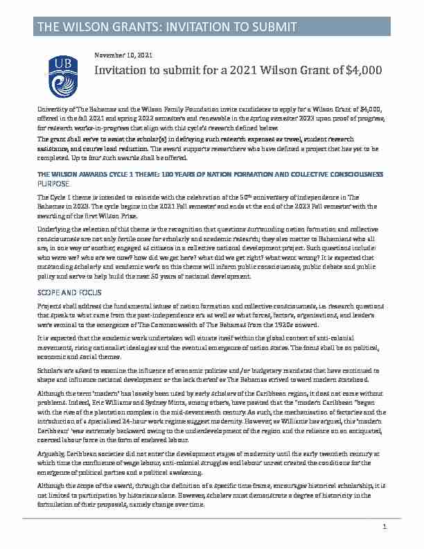 THE WILSON GRANTS: INVITATION TO SUBMIT