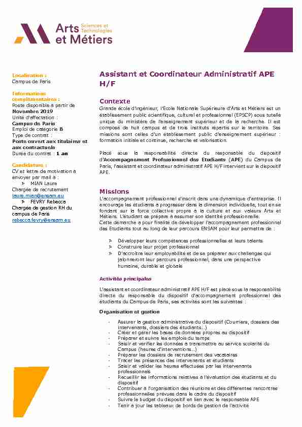 Assistant et Coordinateur Administratif APE H/F