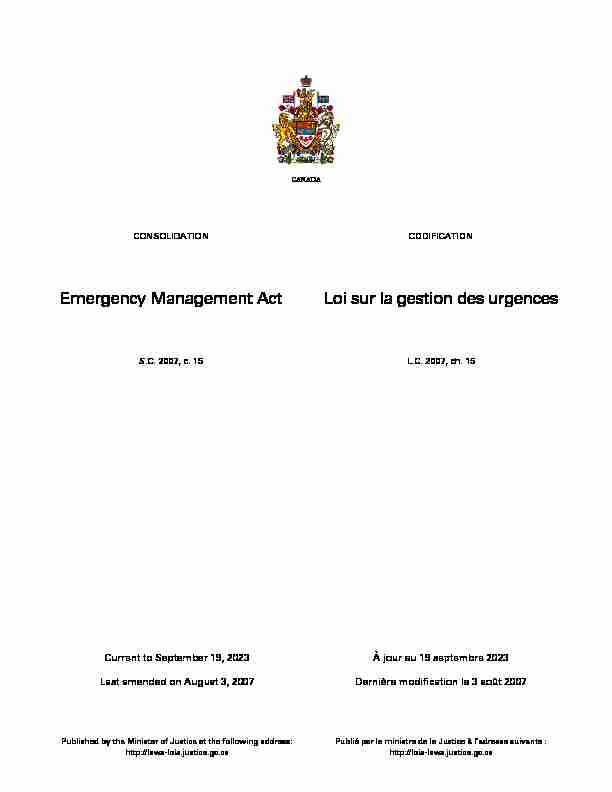 Emergency Management Act Loi sur la gestion des urgences