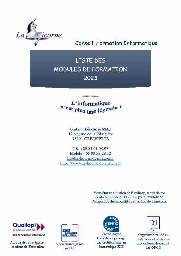 LISTE DES MODULES DE FORMATION - la-licorne-formationfr