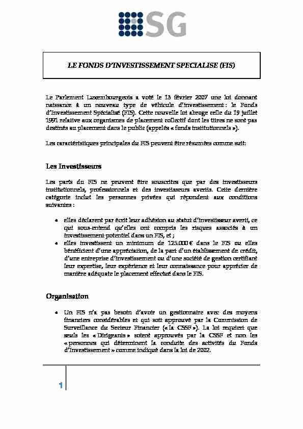 [PDF] LE FONDS DINVESTISSEMENT SPECIALISE (FIS) Les