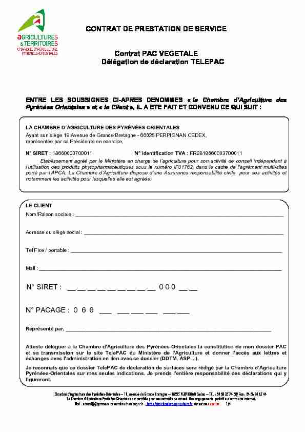 CONTRAT DE PRESTATION DE SERVICE Contrat PAC VEGETALE