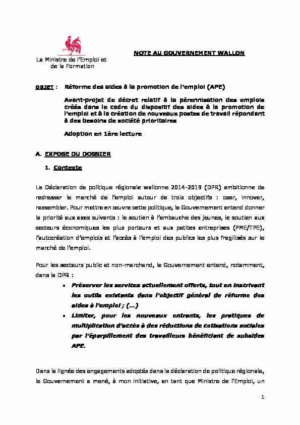 [PDF] 1 La Ministre de lEmploi et de la Formation NOTE AU  - CODEF