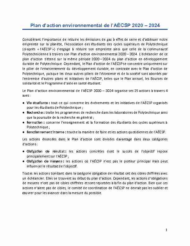 Plan daction environnemental de lAÉCSP 2020 – 2024