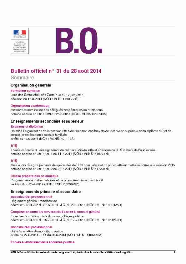 Bulletin officiel n° 31 du 28 août 2014 Sommaire