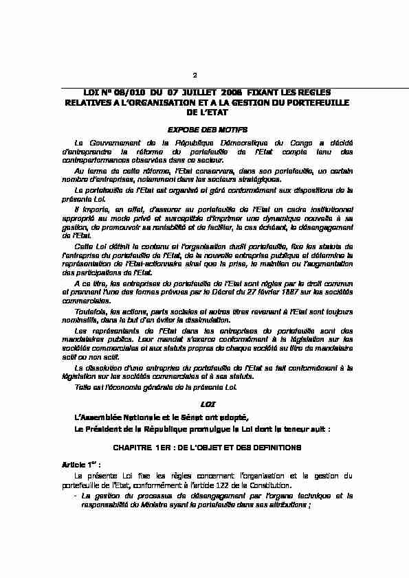 RDC - Loi n°08/010 du 7 juillet 2008 fixant les regles relatives a l