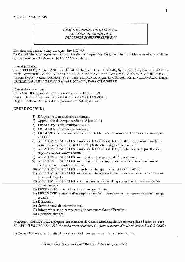 Cordemais - Le Compte Rendu du Conseil Municipal du 26