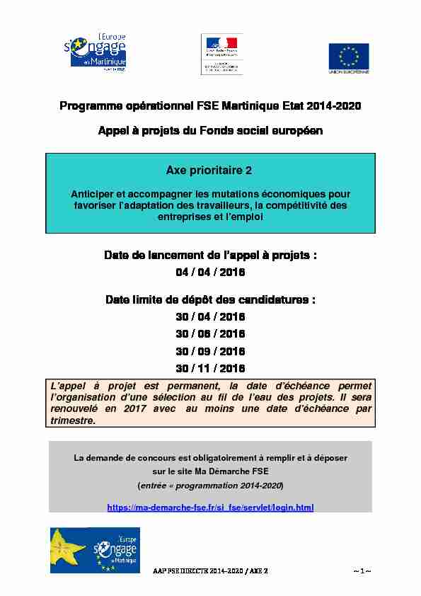 Programme opérationnel FSE Martinique Etat 2014-2020 Appel à
