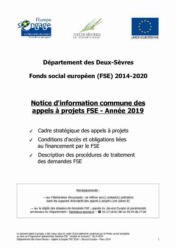 Notice dinformation commune des appels à projets FSE - Année 2019