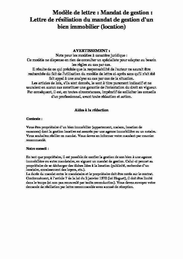 [PDF] courrier resiliation mandat de gestion - Immo Online