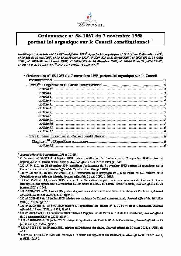 Ordonnance n° 58-1067 du 7 novembre 1958portant loi organique