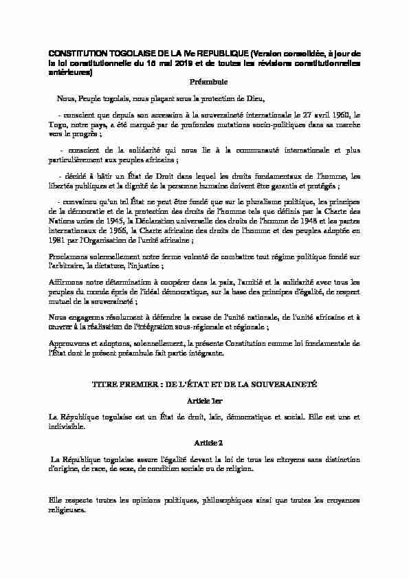 CONSTITUTION TOGOLAISE DE LA IVe REPUBLIQUE (Version