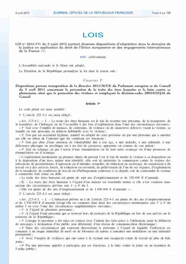 Journal officiel de la République française - N° 181 du 6 août 2013