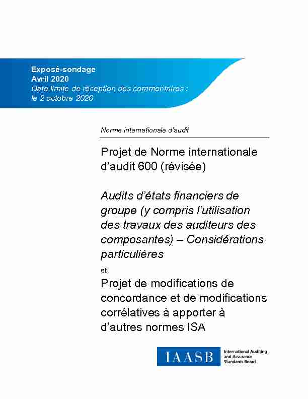 Projet de Norme internationale daudit 600 (révisée) Audits détats